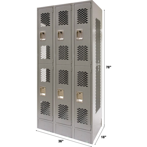 Vented Lockers, 2 -tier, Bank of 3, 36 x 18" x 78", Steel, Grey, Knocked Down, Perforated Smart Ofis