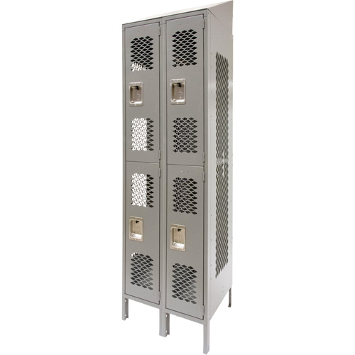 Vented Lockers, 2 -tier, Bank of 2, 24" x 18" x 88", Steel, Grey, Knocked Down, Perforated Smart Ofis