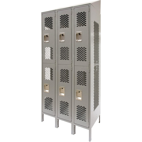 Vented Lockers, 2 -tier, Bank of 3, 36 x 18" x 88", Steel, Grey, Knocked Down, Perforated Smart Ofis