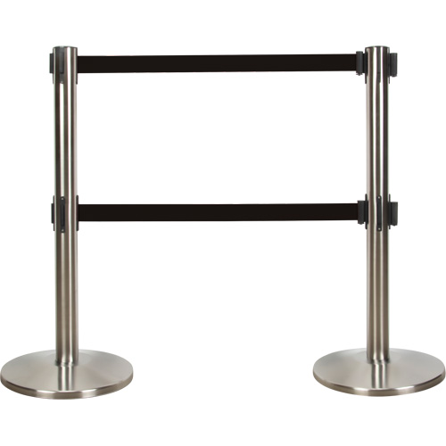 Barri&egrave;re pour le contr&ocirc;le des foules &agrave; courroie double, Acier, 35" h, Ruban Noir, Longueur du ruban 7' Smart Ofis