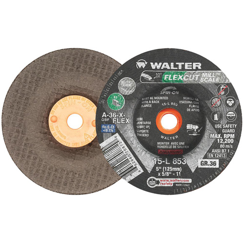 FLEXCUT MILL SCALE Grinding Wheel, 5", 36 Grit, Aluminum Oxide, 5/8"-11, 12200 RPM, Type 29 Smart Ofis