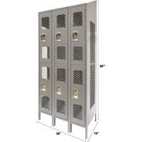 Vented Lockers, 2 -tier, Bank of 3, 36 x 18" x 88", Steel, Grey, Knocked Down, Perforated Smart Ofis