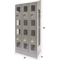 Vented Lockers, 2 -tier, Bank of 3, 36 x 18" x 88", Steel, Grey, Knocked Down, Perforated Smart Ofis