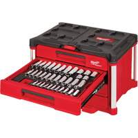 242-Piece 1/4”, 3/8” & 1/2” Drive Metric & SAE Ratchet & Socket Set with PACKOUT 4-Drawer Tool Box, 16-3/10" x 22-1/5" x 14-3/10", Black/Red Smart Ofis